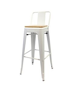 Tolix Style 76cm Bar Height Stool Low Back White with Wooden Seat