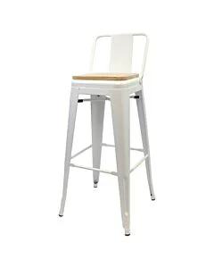 Tolix Style 76cm Bar Height Stool Low Back White with Wooden Seat