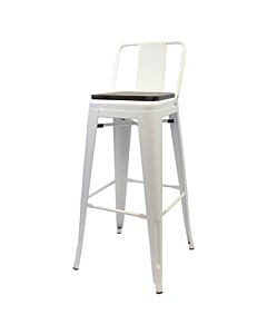 Tolix Style 76cm Bar Height Stool Low Back White with Wooden Seat