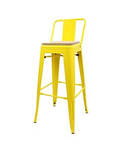 Tolix Style 76cm Bar Height Stool Low Back with Wooden Seat - Yellow