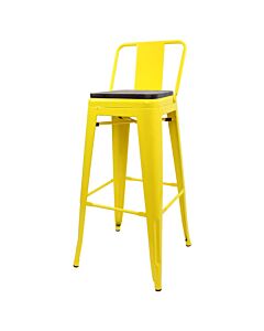 Tolix Style 76cm Bar Height Stool Low Back with Wooden Seat - Yellow