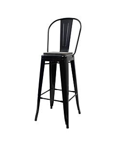 Tolix Style 76cm Bar Height Stool with Tall Back Rest Gloss Black with Wooden Seat