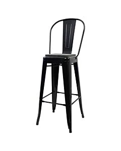 Tolix Style 76cm Bar Height Stool with Tall Back Rest Gloss Black with Wooden Seat