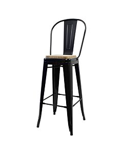 Tolix Style 76cm Bar Height Stool with Tall Back Rest Gloss Black with Wooden Seat