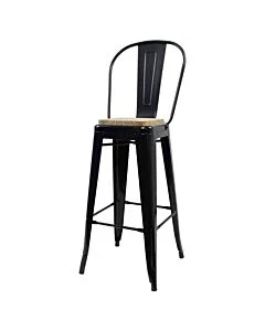 Tolix Style 76cm Bar Height Stool with Tall Back Rest Gloss Black with Wooden Seat