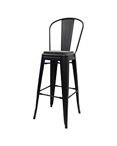 Tolix Style 76cm Bar Height Stool with Tall Back Rest Matte Black with Wooden Seat