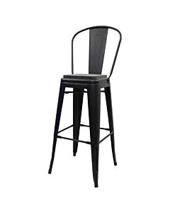 Tolix Style 76cm Bar Height Stool with Tall Back Rest Matte Black with Wooden Seat