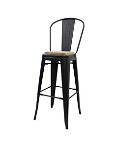 Tolix Style 76cm Bar Height Stool with Tall Back Rest Matte Black with Wooden Seat