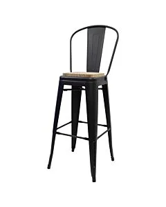 Tolix Style 76cm Bar Height Stool with Tall Back Rest Matte Black with Wooden Seat