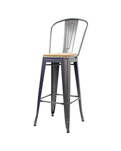 Tolix Style 76cm Bar Height Stool with Tall Back Rest Gloss Gun Metal with Wooden Seat
