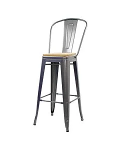 Tolix Style 76cm Bar Height Stool with Tall Back Rest Gloss Gun Metal with Wooden Seat