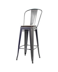 Tolix Style 76cm Bar Height Stool with Tall Back Rest Gloss Gun Metal with Wooden Seat