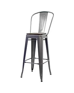 Tolix Style 76cm Bar Height Stool with Tall Back Rest Gloss Gun Metal with Wooden Seat