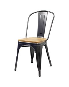 Tolix Style Side Chair Gloss Gun Metal with Wooden Seat