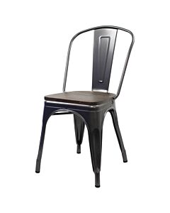 Tolix Style Side Chair Gloss Gun Metal with Wooden Seat