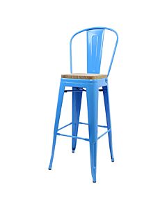 Tolix Style 76cm Bar Height Stool with Tall Back Rest Blue with Wooden Seat