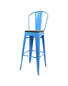 Tolix Style 76cm Bar Height Stool with Tall Back Rest Blue with Wooden Seat