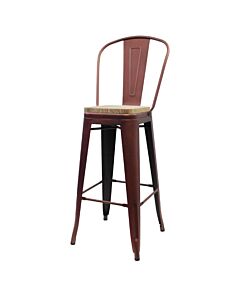 Tolix Style 76cm Bar Height Stool with Tall Back Rest Copper with Wooden Seat