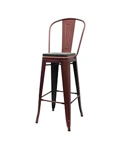 Tolix Style 76cm Bar Height Stool with Tall Back Rest Copper with Wooden Seat