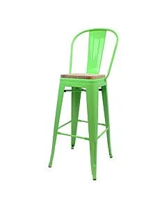 Tolix Style 76cm Bar Height Stool with Tall Back Rest Green with Wooden Seat
