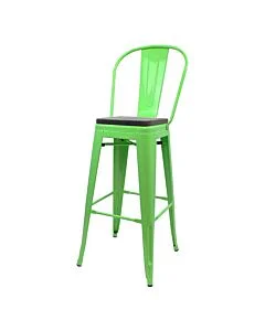 Tolix Style 76cm Bar Height Stool with Tall Back Rest Green with Wooden Seat