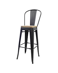 Tolix Style 76cm Bar Height Stool with Tall Back Rest Matte Gun Metal with Wooden Seat