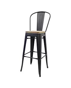 Tolix Style 76cm Bar Height Stool with Tall Back Rest Matte Gun Metal with Wooden Seat