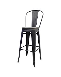 Tolix Style 76cm Bar Height Stool with Tall Back Rest Matte Gun Metal with Wooden Seat