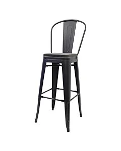 Tolix Style 76cm Bar Height Stool with Tall Back Rest Matte Gun Metal with Wooden Seat