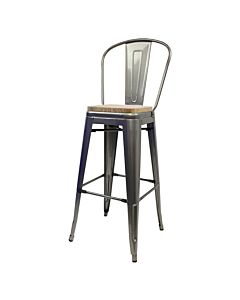 Tolix Style 76cm Bar Height Stool with Tall Back Rest Industrial Grey with Wooden Seat