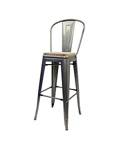 Tolix Style 76cm Bar Height Stool with Tall Back Rest Industrial Grey with Wooden Seat