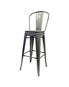 Tolix Style 76cm Bar Height Stool with Tall Back Rest Industrial Grey with Wooden Seat