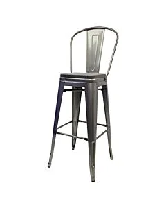 Tolix Style 76cm Bar Height Stool with Tall Back Rest Industrial Grey with Wooden Seat