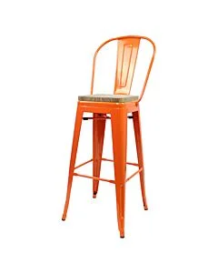 Tolix Style 76cm Bar Height Stool with Tall Back Rest Orange with Wooden Seat
