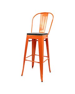 Tolix Style 76cm Bar Height Stool with Tall Back Rest Orange with Wooden Seat