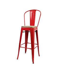 Tolix Style 76cm Bar Height Stool with Tall Back Rest Red with Wooden Seat