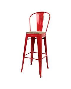Tolix Style 76cm Bar Height Stool with Tall Back Rest Red with Wooden Seat