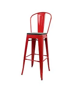 Tolix Style 76cm Bar Height Stool with Tall Back Rest Red with Wooden Seat