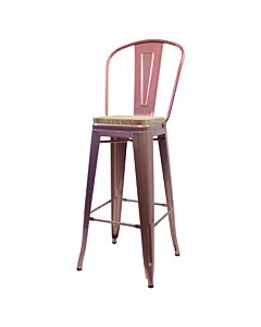 Tolix Style 76cm Bar Height Stool with Tall Back Rest Rose Gold with Wooden Seat