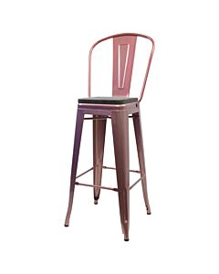 Tolix Style 76cm Bar Height Stool with Tall Back Rest Rose Gold with Wooden Seat