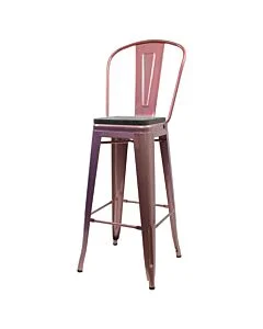 Tolix Style 76cm Bar Height Stool with Tall Back Rest Rose Gold with Wooden Seat