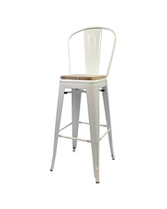 Tolix Style 76cm Bar Height Stool with Tall Back Rest White with Wooden Seat