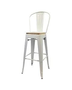 Tolix Style 76cm Bar Height Stool with Tall Back Rest White with Wooden Seat