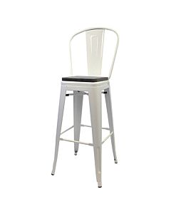 Tolix Style 76cm Bar Height Stool with Tall Back Rest White with Wooden Seat