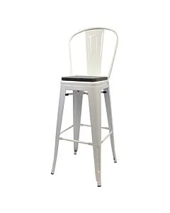Tolix Style 76cm Bar Height Stool with Tall Back Rest White with Wooden Seat