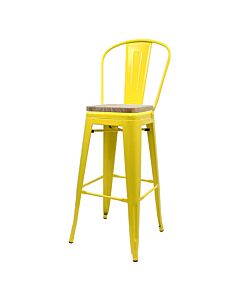 Tolix Style 76cm Bar Height Stool with Tall Back Rest Yellow with Wooden Seat