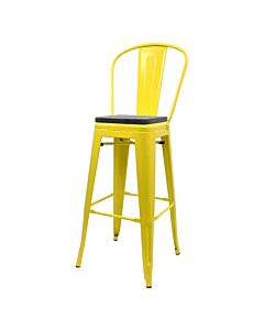 Tolix Style 76cm Bar Height Stool with Tall Back Rest Yellow with Wooden Seat