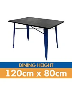 Tolix Style Dining Table - 120cm x 80cm Rectangle - Gloss Blue with Dark Oak Top