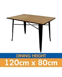 Tolix Style Dining Table - 120cm x 80cm Rectangle - Gloss Black with Light Oak Top