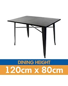 Tolix Style Dining Table - 120cm x 80cm Rectangle - Gloss Gun Metal with Dark Oak Top